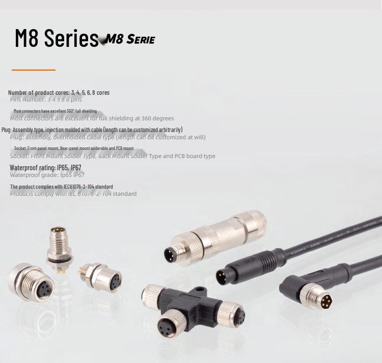 M8 Waterproof 34-Pin 5/6-Core 8-Hole Elbow Connector IP67 Male-Female with Pre-embedded Wire.