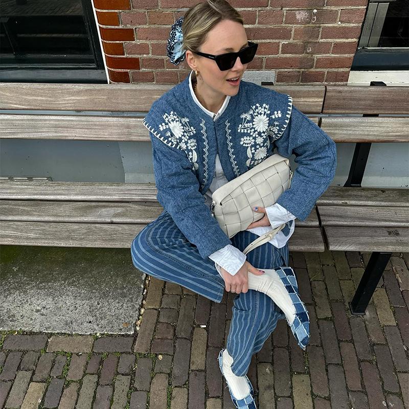 Floral Embroidery Women Jacket Blue Cardigan Warm Women's Winter Jackets Pockets High Street Outerwears Female New In Coats