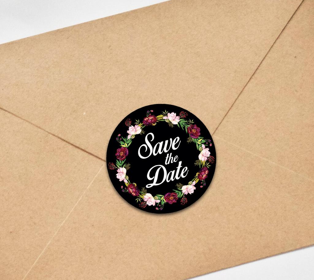 Darling Souvenir 45 Pcs Floral Wreath Black Round Save The Date Stickers Envelope Seals-1.6