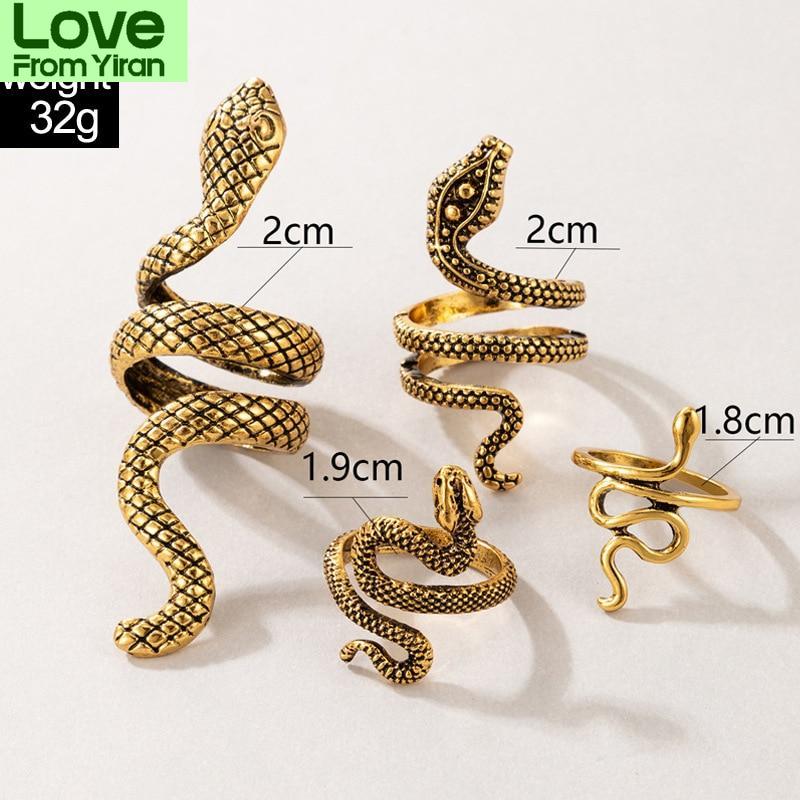 4pcs /Set Vintage Snake Shape Rings For Women Men Gothic Silver Color Animal Exaggerated Metal Alloy Finger Ring Sets Jewelry
