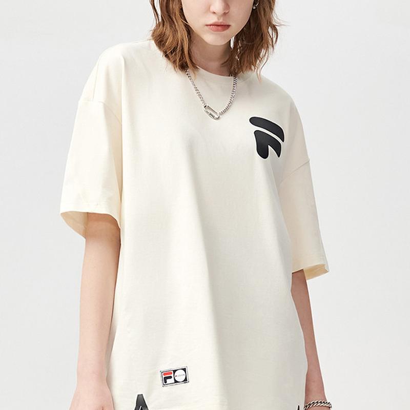 Fila Fusion Серия «Спортивный образ жизни» Весна-Лето 2022 Ретро Однотонная футболка с принтом логотипа, короткий рукав, Унисекс Топы Белый T11U126101BIV