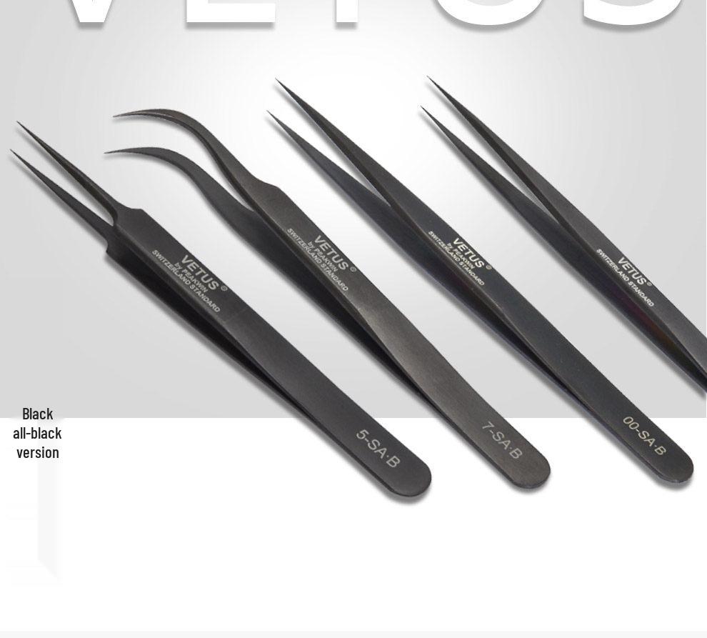 VETUS SA Black Series 302 Stainless Steel Precision Tweezers for Mobile, Watch Repair, Hair Removal, and Bird's Nest Picking