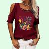Женская мода с круглым вырезом, летняя футболка с открытыми плечами, повседневная футболка с коротким рукавом и цветочным принтом
