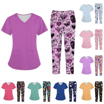 Плюс размерСкраб с принтом Рабочая форма Топы для женщин Крест V-образным вырезом Хэллоуин Принт с короткими рукавами Забавные футболки Спецодежда Футболка с карманами