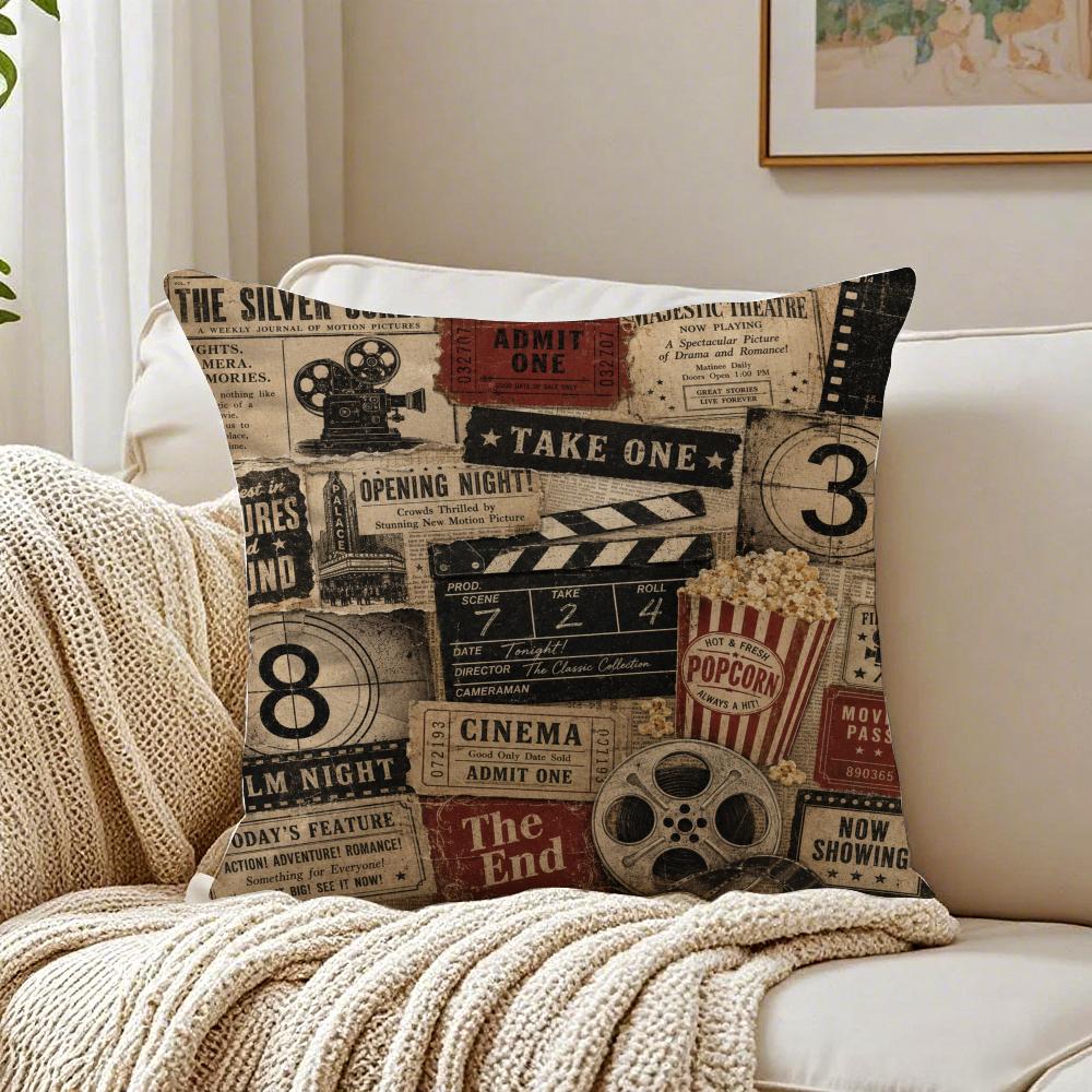 Retro Movie Theater Pillow Case Breathable Organic Short Plush Cushion Covers Machine Washable WrinkleResistant Soft Durable
