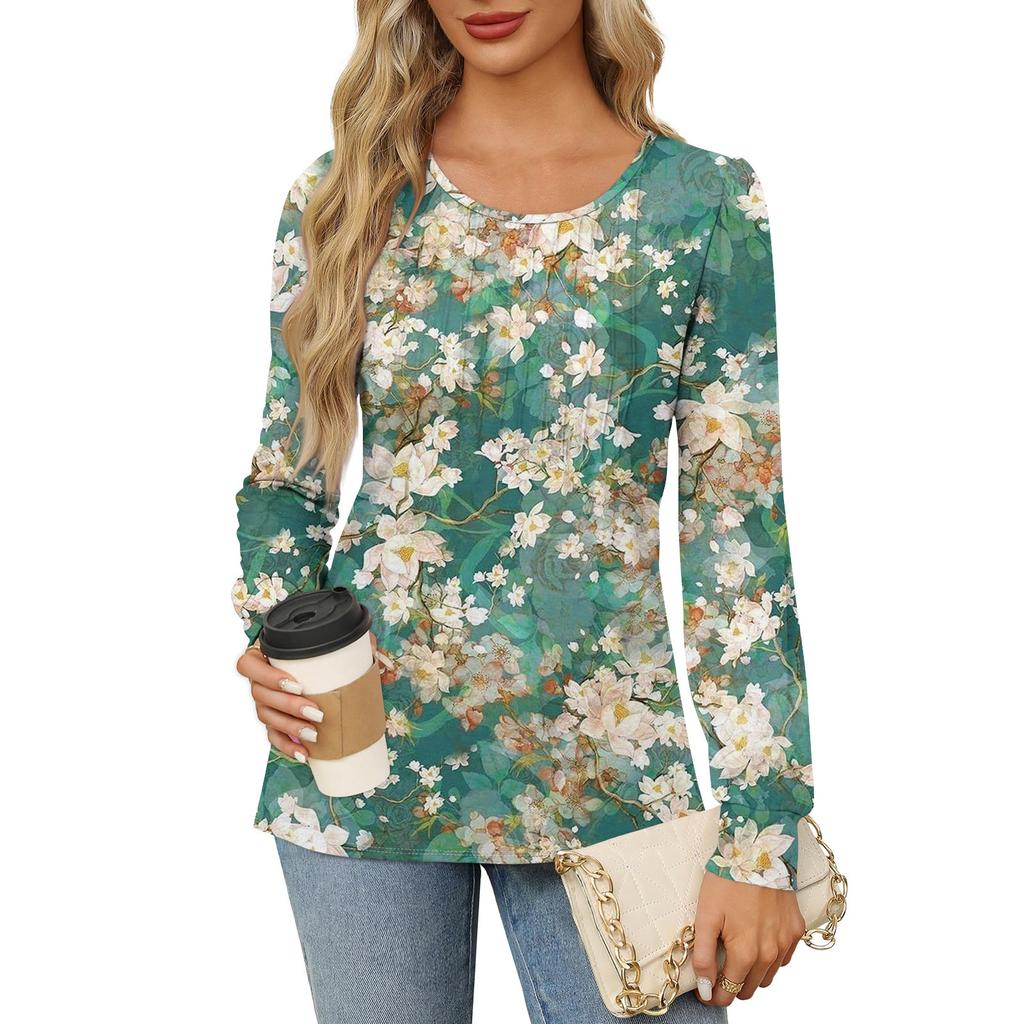 Рубашки с длинным рукавом для женщин, футболки с милым принтом и графикой, блузки, нарядные повседневные блузки, плиссированные топы-туники с овальным вырезом