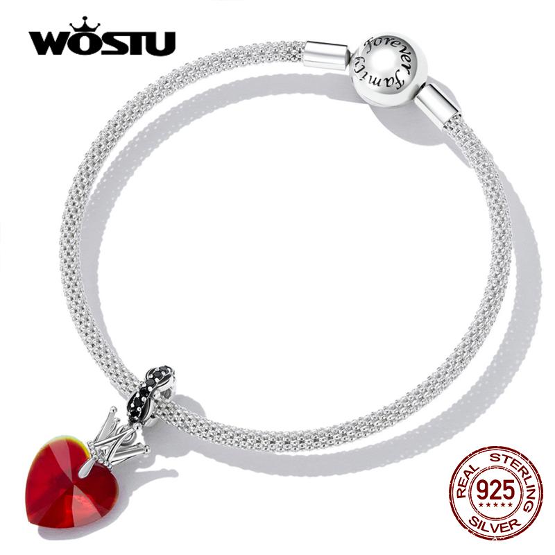 WOSTU Стерлингового Серебра 925 пробы, модная волшебная Корона, красное сердце, подвеска из бисера для женщин, подходит для оригинального браслета «сделай сам», ожерелье, ювелирные изделия