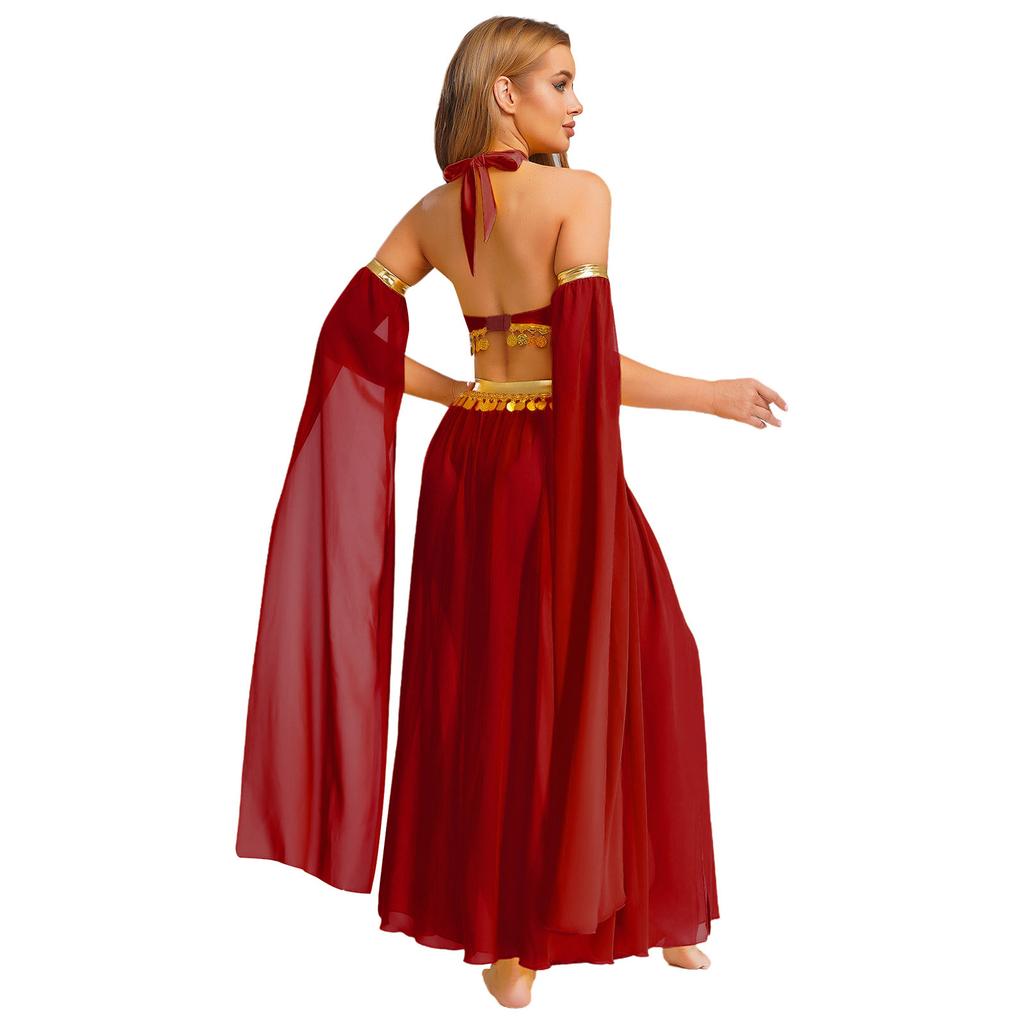 Women's Belly Dance Costume Set: Self-Tie Halter Crop Top with Built-In Briefs & Side Slit Chiffon Skirt + Removable Split Sleeves