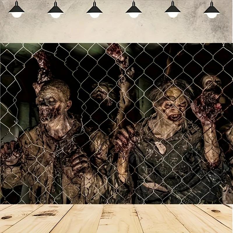 1 piece of Halloween decoration backdrop - with bloodstained zombies and iron net design, 2D flat vinyl backdrop fabric