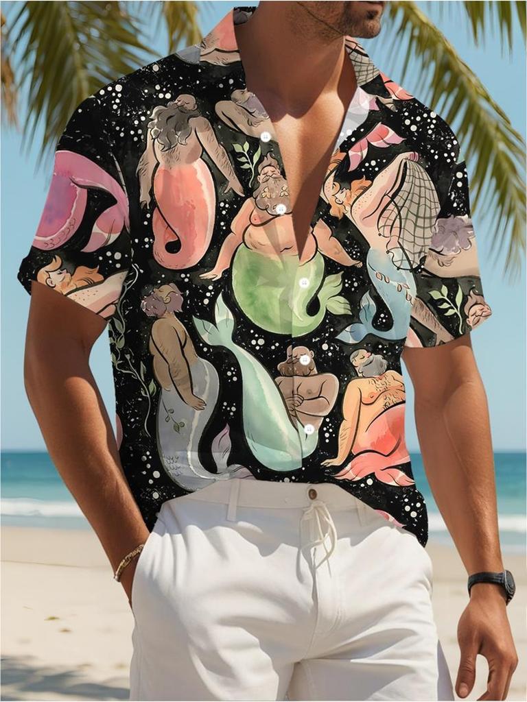 Men's Casual Short - Sleeve Shirt, Cartoon Mermaid Pattern Printed, Polyester Material, Mixed Color, Multiple Specifications Available, Fashionable
