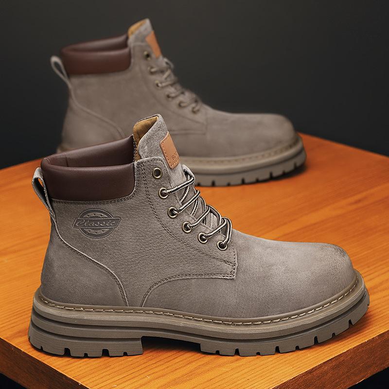 First Layer Pigskin Rhubarb Boots Men's Boots Genuine Leather British Trend Tooling Boots Autumn and Winter High-top Shoes Short Martin Boots