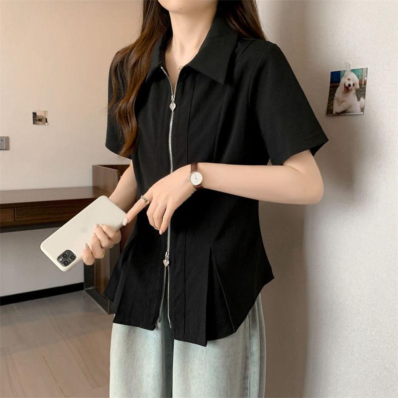 Корейский стиль Дизайн Поло Воротник Двойная Молния Белая Рубашка С Короткими Рукавами Летний Топ Для Женщин