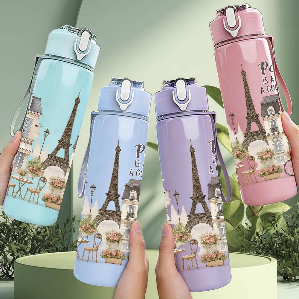 1PC Paris Street Building Landscape 750ml Color Plastic Sports Water Bottle Leakproof Flip Straw Lid For Sports Office Home Use