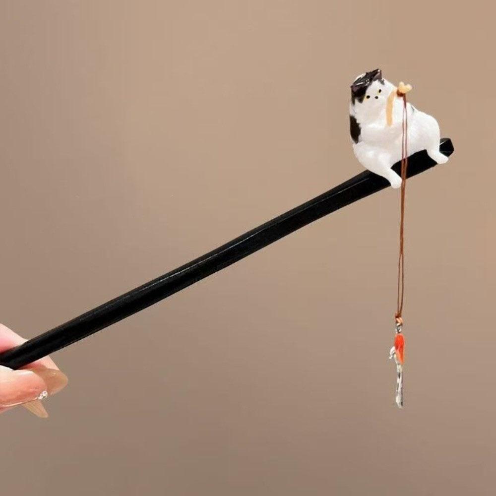 Chinese Style Cat Fishing Hair Stick Black Sandalwood Hanfu Hairpin Antique Wooden Hair Stick  Girl
