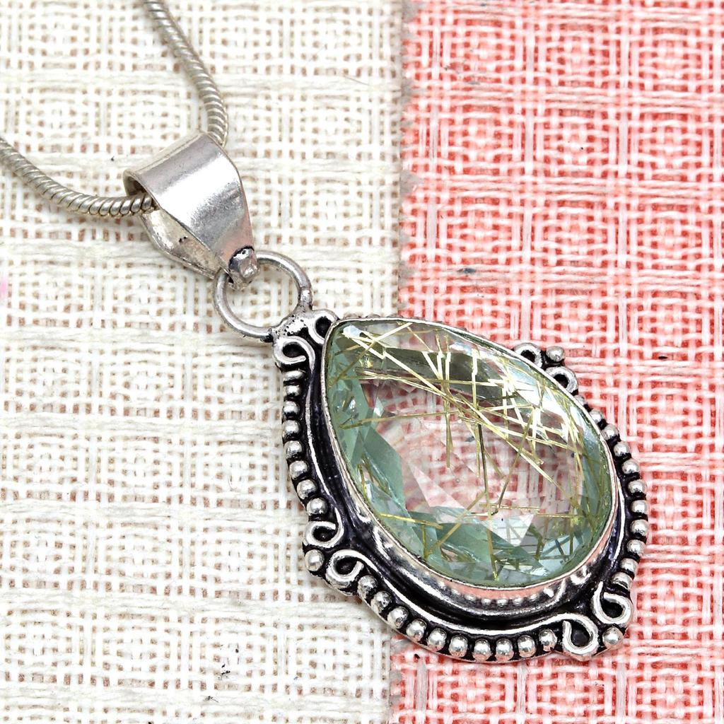 Rutile  Golden Set Earring Jewelry 18-20'' Pendant Quartz Sterling