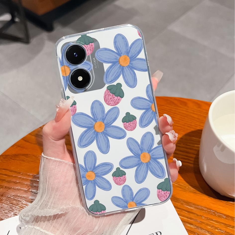 Чехол для телефона для Vivo Y27 Y15 Y21 Y20 Y36 Y33 Y02S Y10, задняя крышка, роскошная противоударная сумка для телефона, прозрачный матовый мягкий силиконовый цветок для бампера Vivo