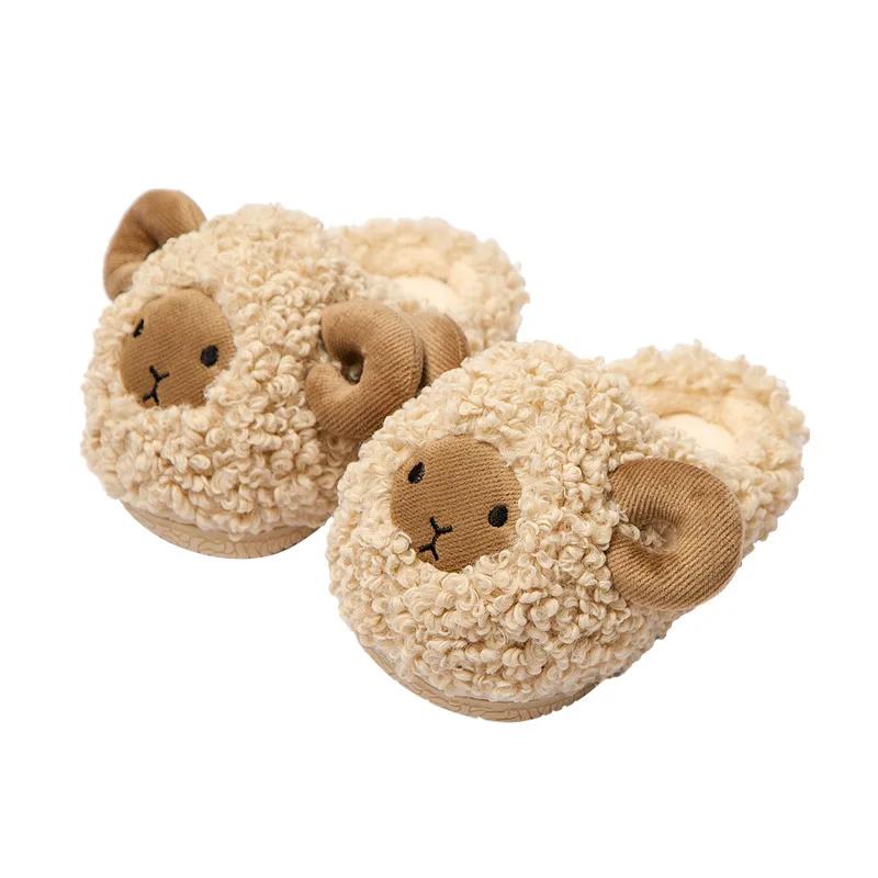 Fashion Children Cartoon Sheep Cute Shoes Soft Autumn Winter Warm Boys Girls Baby Plush Fur Non-slip Slipper Heel Wrap Home Flat Shoes