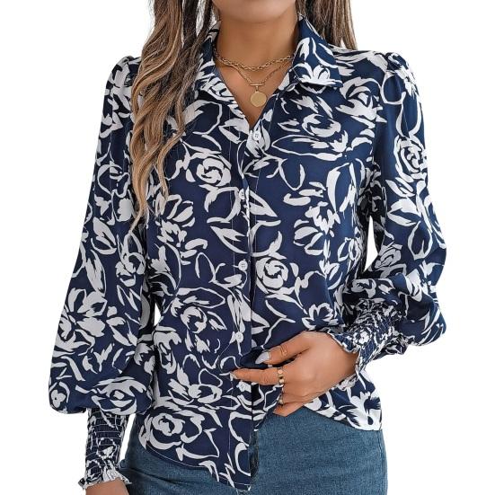 Women Shirt Lapel Lantern Long Sleeve Elastic Cuffs Casual Tops Single Breasted Flower