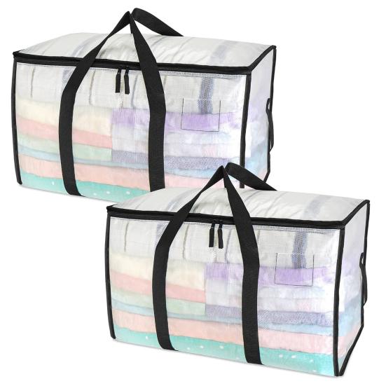 Large Capacity Moving Clear Bag Portable Handle Zipper Heavy Duty Foldable Multifunctional Quilt Clothes Blanket Storage Organizer Pouch Travel Duffle