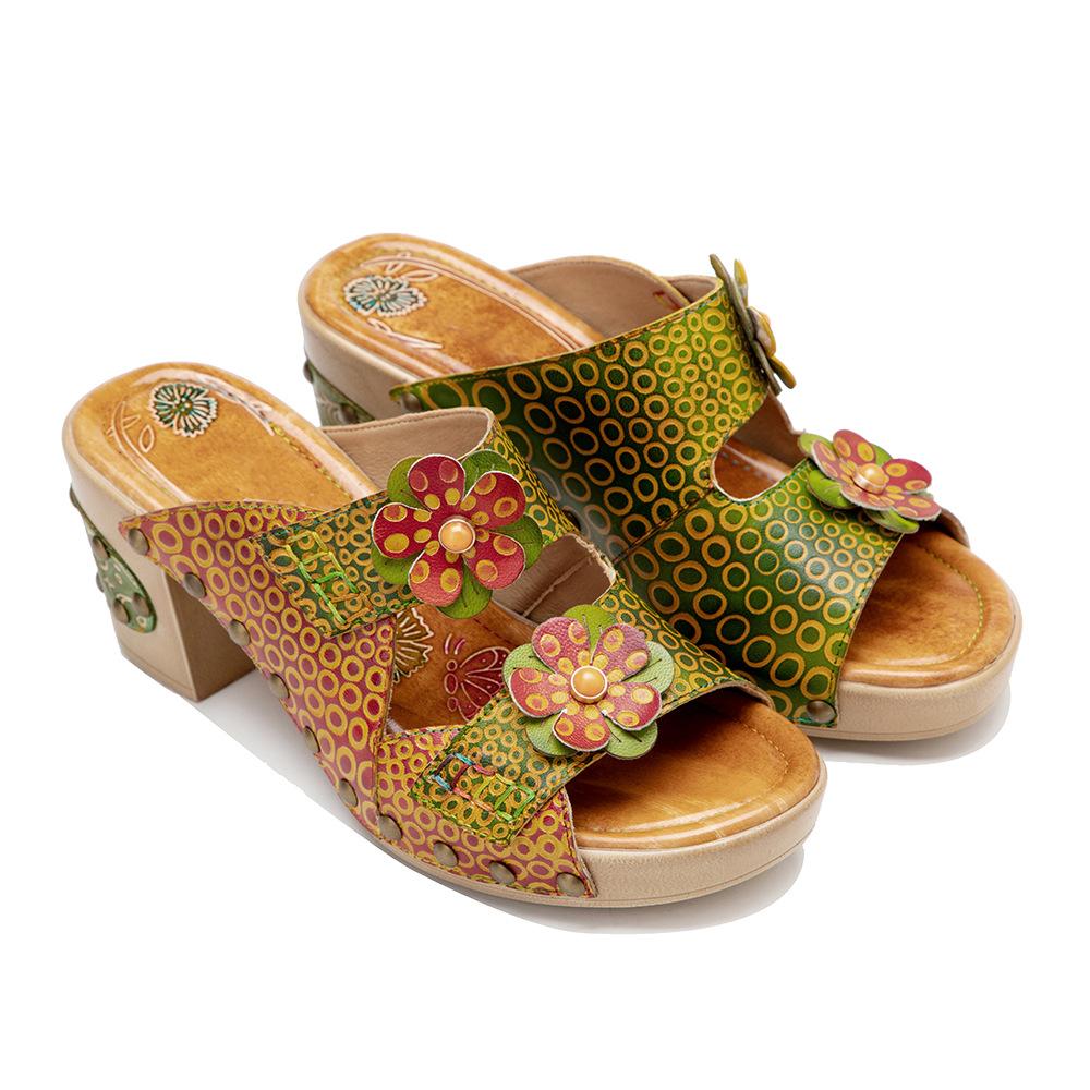 Johnature Тапочки в стиле ретро из натуральной кожи, расписанные вручную, летние шлепанцы с цветочным рисунком, женская обувь, босоножки на высоком каблуке