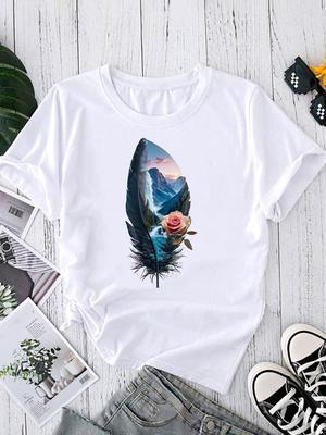 (Азиатский размер) Женский топ T-shirt тренд с перьями милый Принт Короткий рукав Футболки Мода Женский Повседневный Круглый вырез Графическая футболка