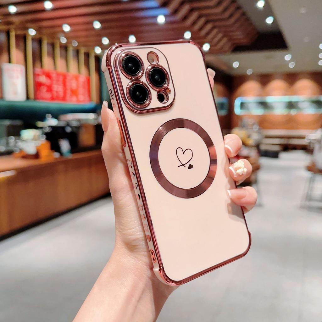 Применимо к iPhone17Promax гальванический чехол для телефона двойное сердце Apple 16Pro магнитный противоударный 15 защитный чехол