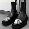 Модные металлические вставки Модные ботинки с квадратным носком 2025 Женский стиль Толстая подошва Мотоциклетный стиль Слипоны Короткие ботинки Черная натуральная кожа