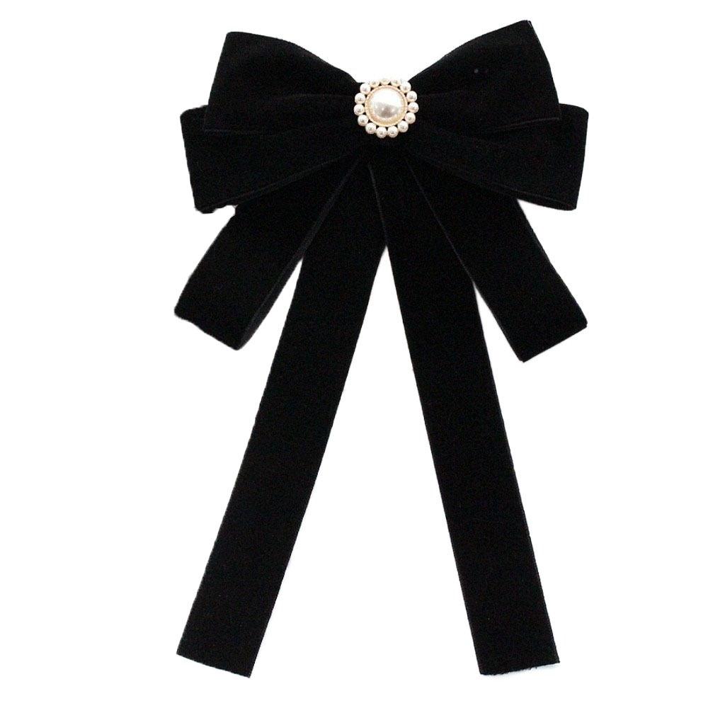 Simple Velvet Black Ribbon Pin Rhinestones Beads Black Bow Necktie Pin Pearl Funerals Memorial Pin Men