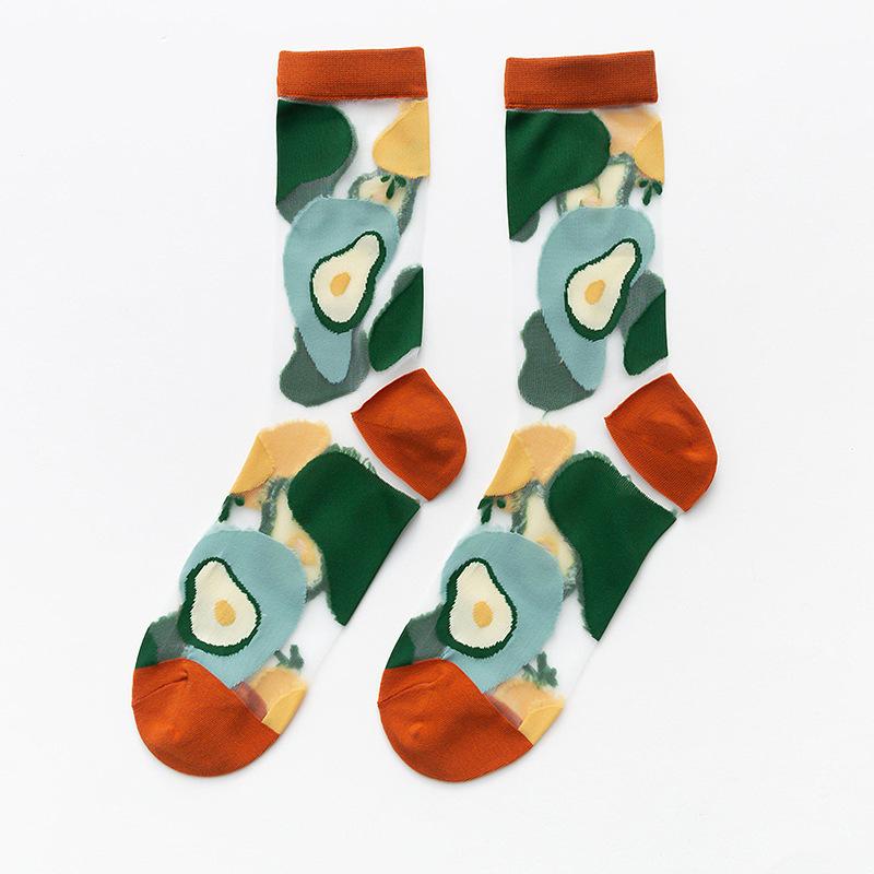 Женские тонкие прозрачные носки из хрустального стекла и шелка, милые летние сетчатые носки с фруктами: клубникой, авокадо, персиком и арбузом