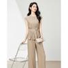 French loose suit stand up collar sleeveless pleated top wide leg pants two-piece set