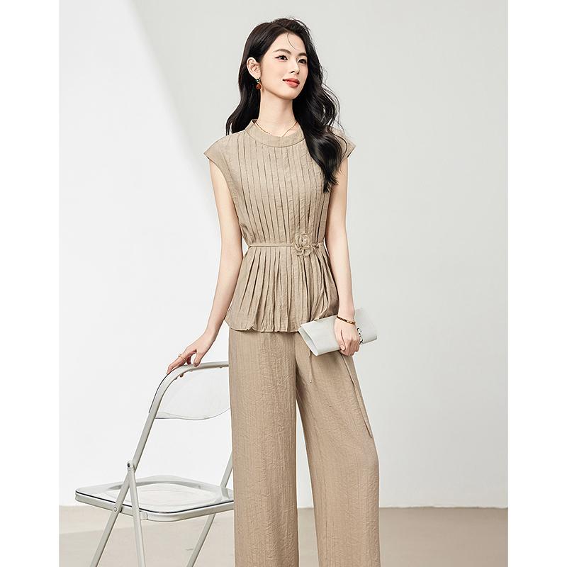French loose suit stand up collar sleeveless pleated top wide leg pants two-piece set