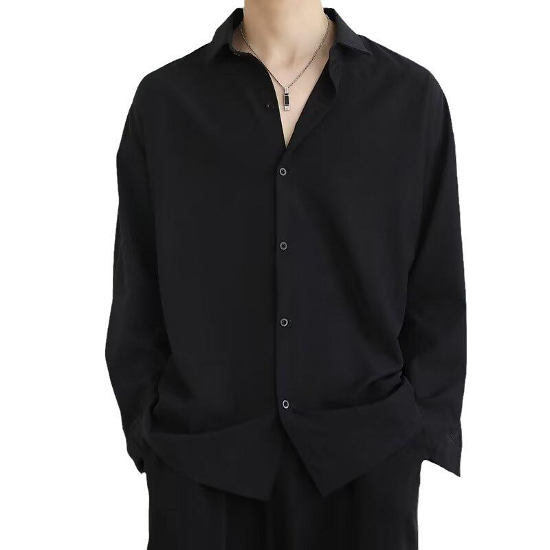 Мужская рубашка с длинным рукавом из ледяного шелка — весенний корейский стиль, повседневный японский свободный крой, не мнется и не требует глажки, большой размер.