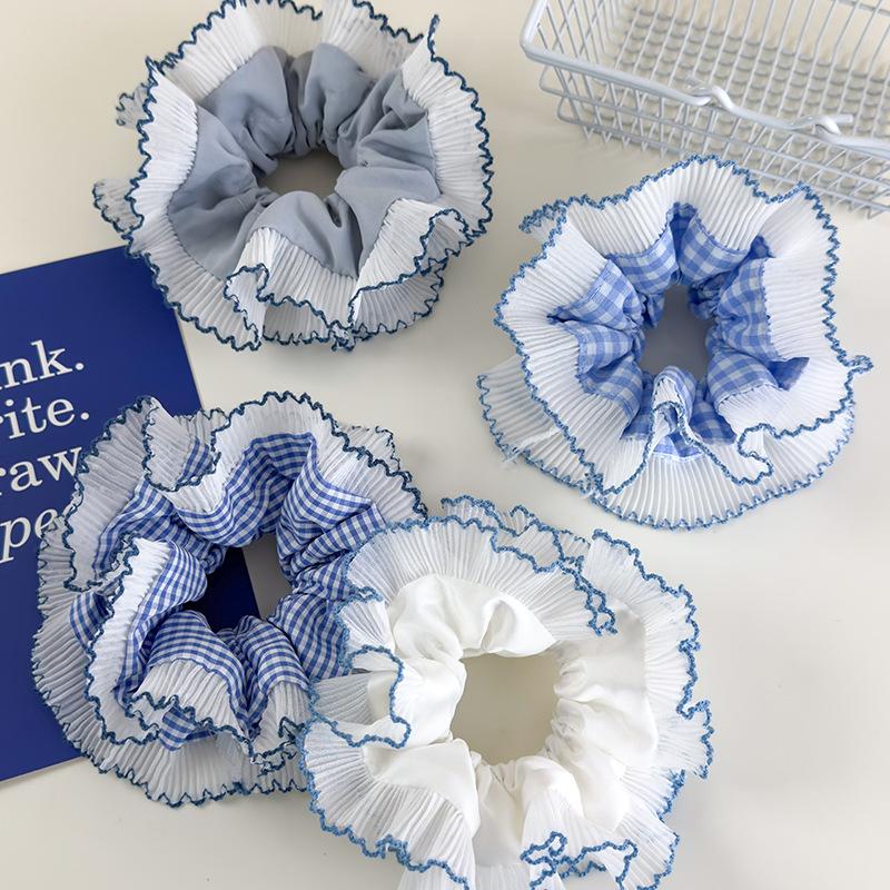 Синие клетчатые оборки резинки для волос двойное кружево повязки на голову женские девушки сладкий роман веревка для волос женская завязка резинка головной убор