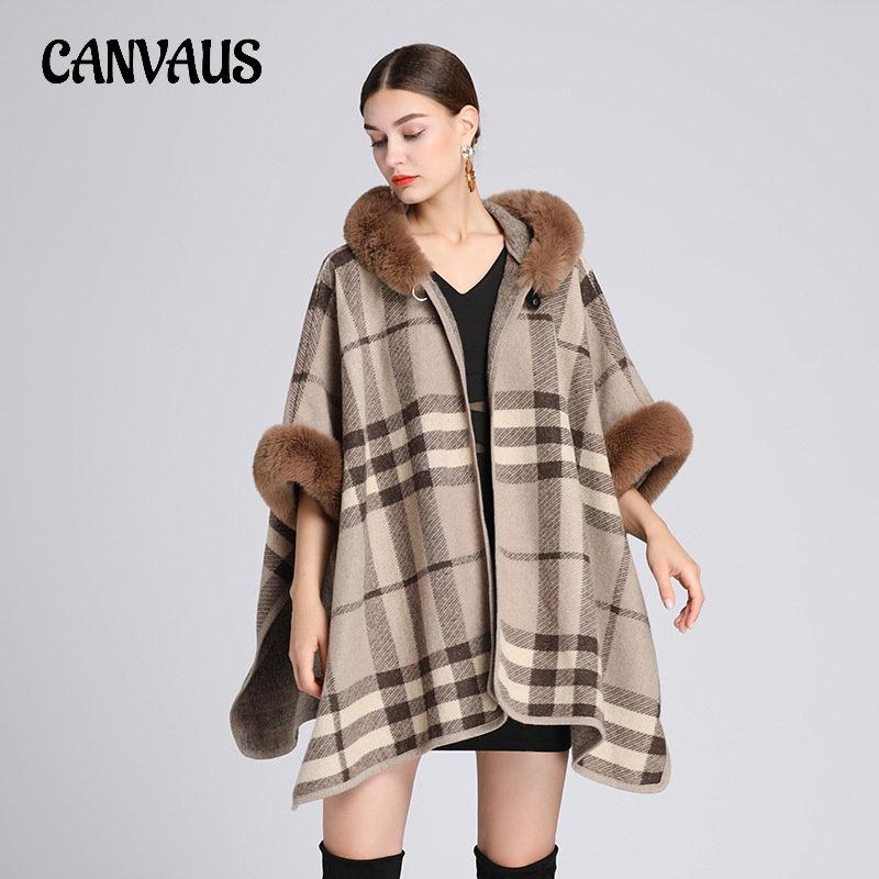 Зимняя женская накидка, шаль с меховым воротником, свободный клетчатый кардиган с капюшоном, большой размер, твидовый жакет с семиточечными рукавами