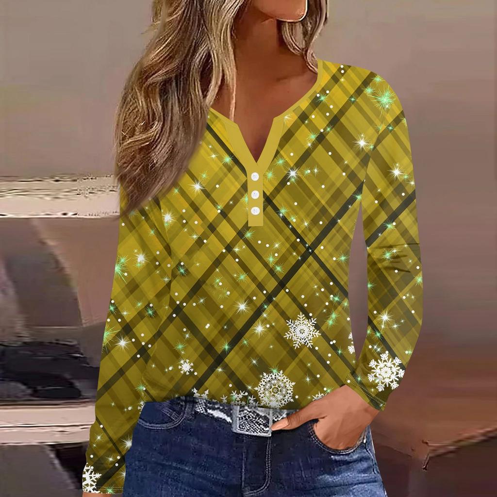 Женская футболка с прямыми плечами и рождественским принтом, длинными рукавами, прямыми плечами и V-образным вырезом на пуговицах