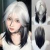 18 Inch Black And White Mullet Head Wig Synthetic Straight Fluffy Natural Wolf Tail Hair for Daily Use Party Cosplay Korean Fashion