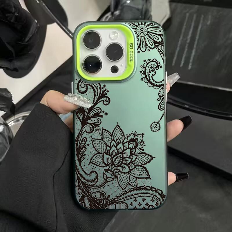 Luxury Lace Florals Pattern Phone Case For iPhone 15 14 13 12 11 16 Pro Max 7 Plus X Shockproof Electroplated Lens Bumper Cover