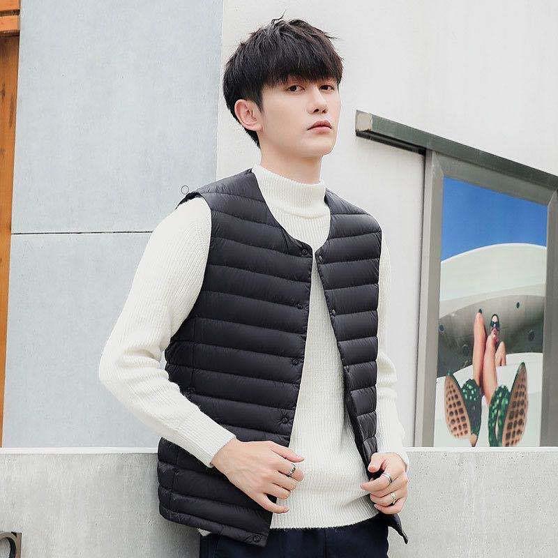 Mens Lightweight Down Vest Inner Layer Thin Winter Jacket No Collar Casual Outerwear