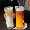 600ML Stripe Glass Cup With Lid and Straw Thickened Transparent Coffee Cup Drinking Glasses For Milk Tea Juice Iced Coffee Mugs