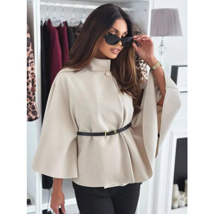 Женский плащ-накидка из шерстяного твида, пончо, толстое осенне-зимнее женское пальто с одной пряжкой и рукавами «летучая мышь», элегантная теплая свободная верхняя одежда 2024 г.