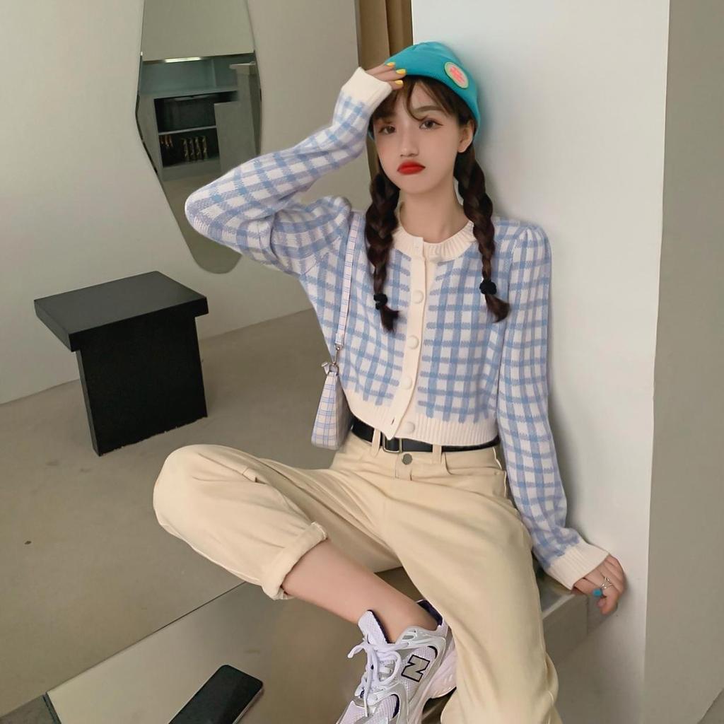 Кардиган, свитер, клетчатый весенне-осенний французский нежный короткий вязаный кардиган, топ с круглым вырезом, 2023, повседневный женский свитер