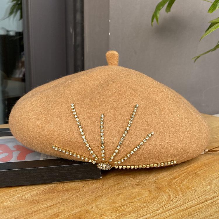 Winter French Black Fleece Painter Artist Cheapeau Red 100% Wool Chunky Blingbling Diamonds Beret Girls Hat for Women