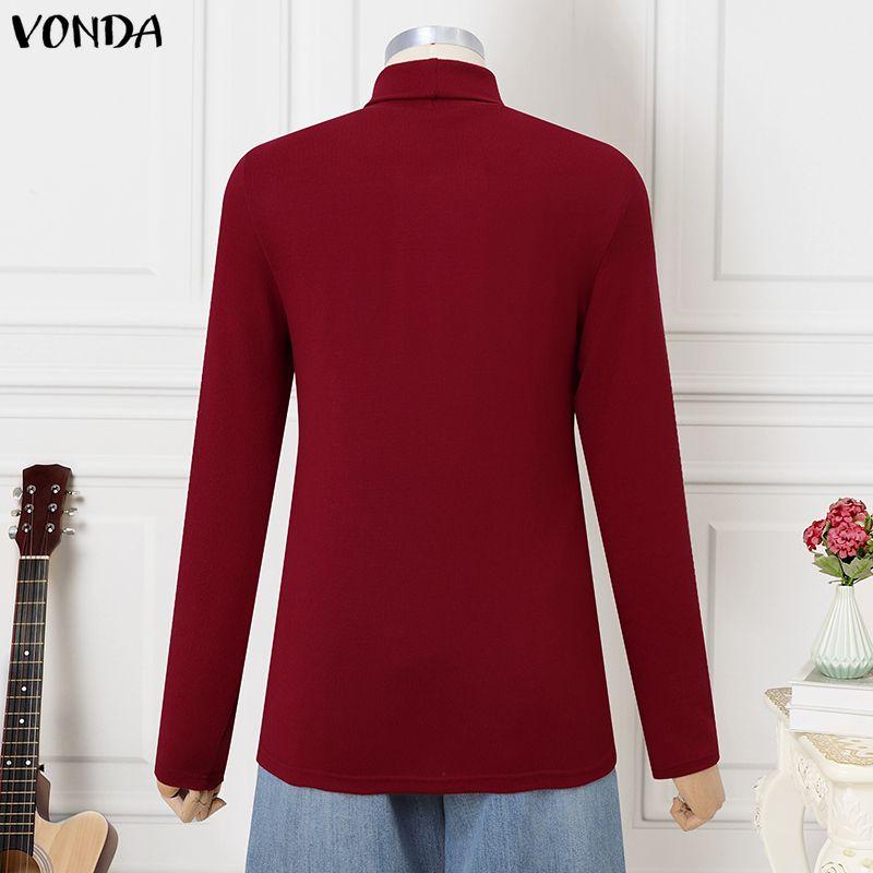 VONDA Женские повседневные топы-блузки с высоким воротником и длинным рукавом, прилегающие, теплые, майки