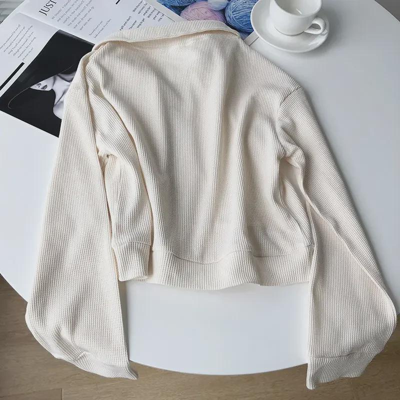 Women's Autumn Cotton Waffle Short Jacket, Korean Style, Loose Fit, Double Zipper Casual Cardigan