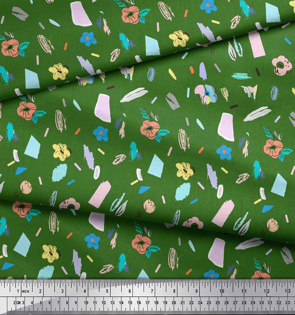 Soimoi Green Japan Crepe Satin Fabric Brush Stroke & Artistic Floral Print Fabric by the Metre 42 Inch