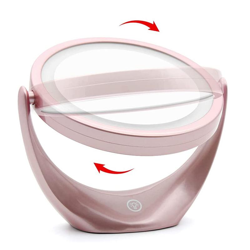 Розовое светодиодное зеркало для макияжа, 5-кратное увеличительное двустороннее портативное дорожное косметическое зеркало с подсветкой, 3 уровня регулируемой яркости