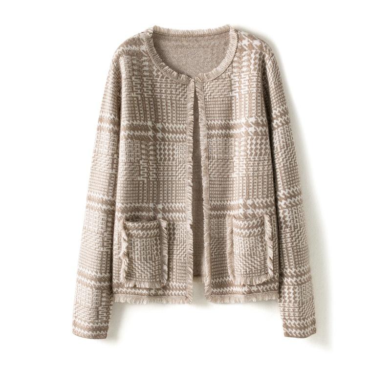 Вязаный кардиган женский весна и осень новая модная клетчатая расцветка в тон свободное женское пальто