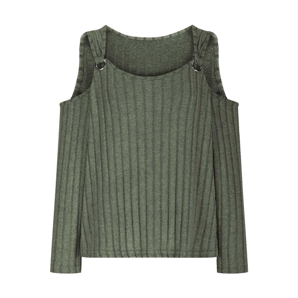 Женская модная повседневная однотонная футболка с V-образным вырезом и металлическими пуговицами в полоску с длинным рукавом