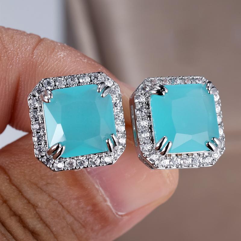 Элегантные квадратные серьги-гвоздики из циркона Параиба для женщин серебряного цвета, свадебные украшения