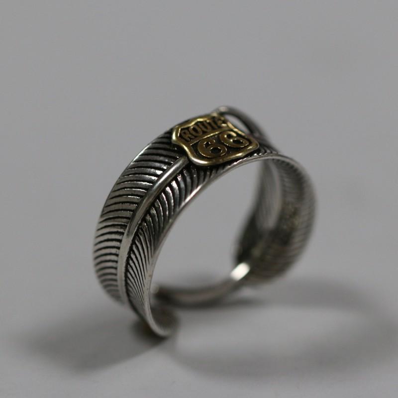 Adjustable Open Ring Men Women Vintage 66 Highway Feather Geometric Sterling Statement